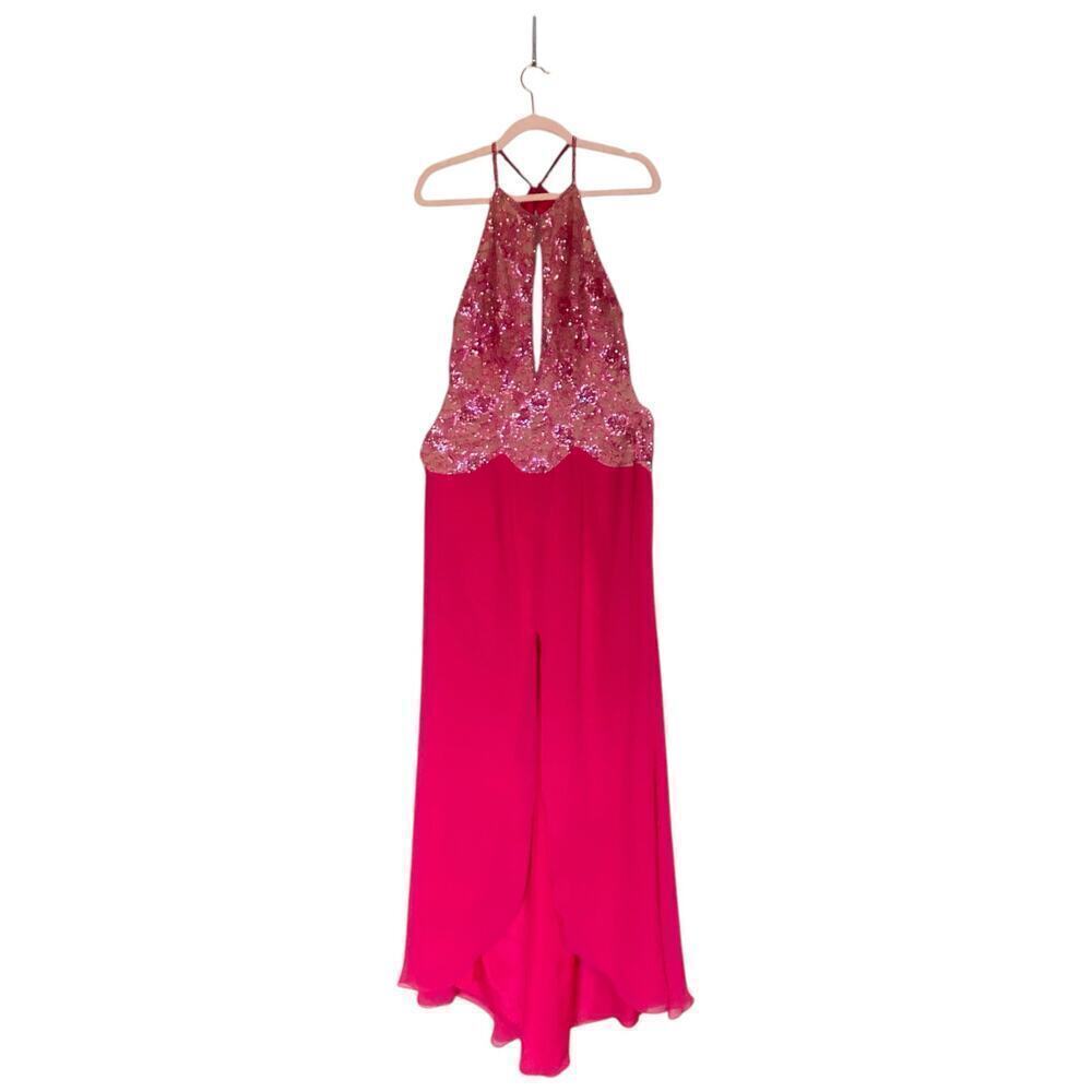 JOVANI Hot Pink Sequin Halter Evening Gown Formal Size 12 Leg Slit Sexy Prom